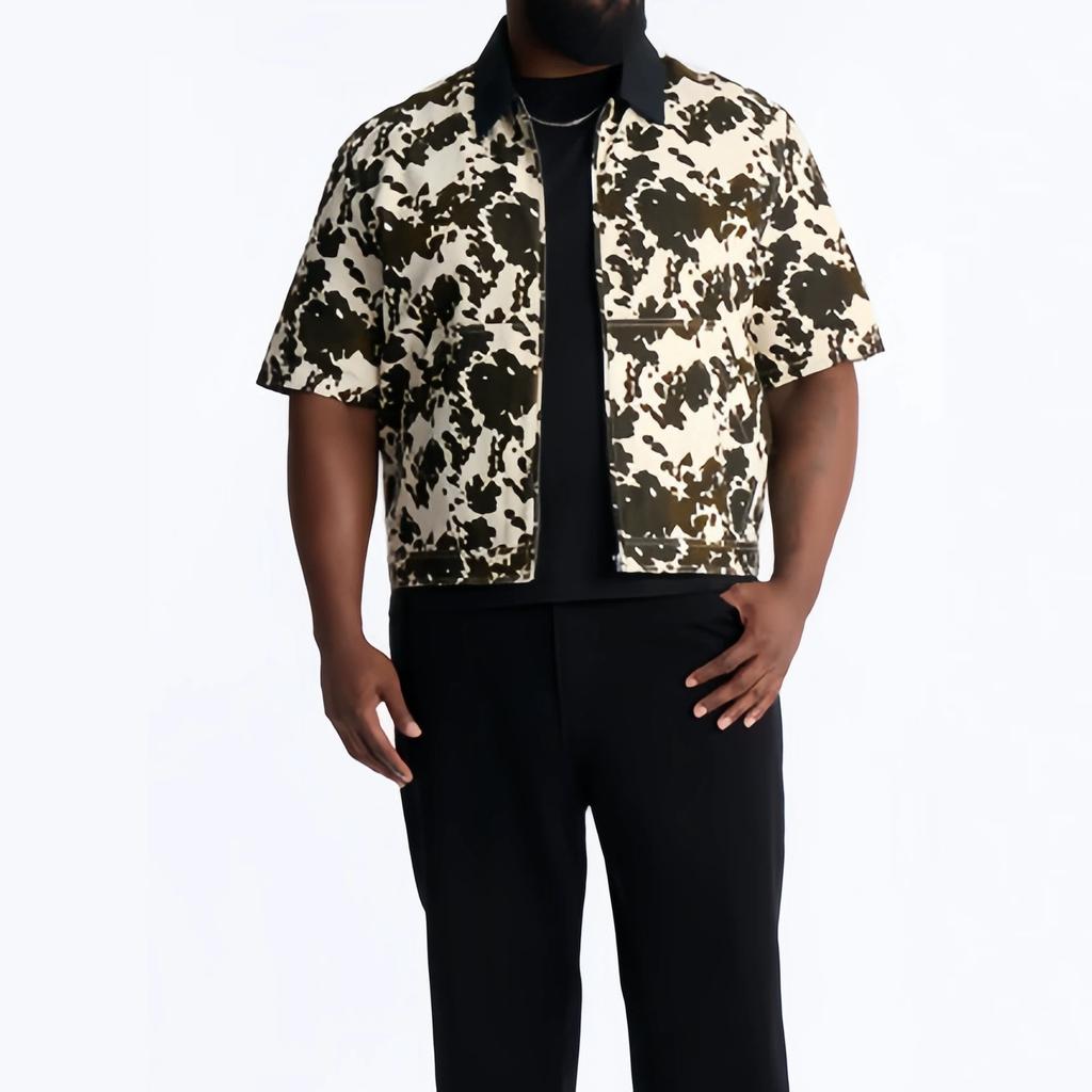 Men's Short-sleeved Shirt Loose Casual Lapel Tooling Leather Jacket Summer Camouflage Top European and American Men's Clothing