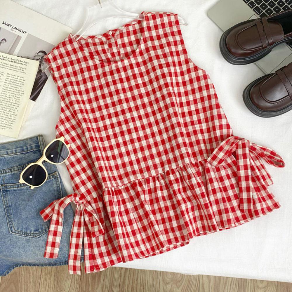 Retro Plaid Sleeveless Ruffle Vest with Bow Tie for Women