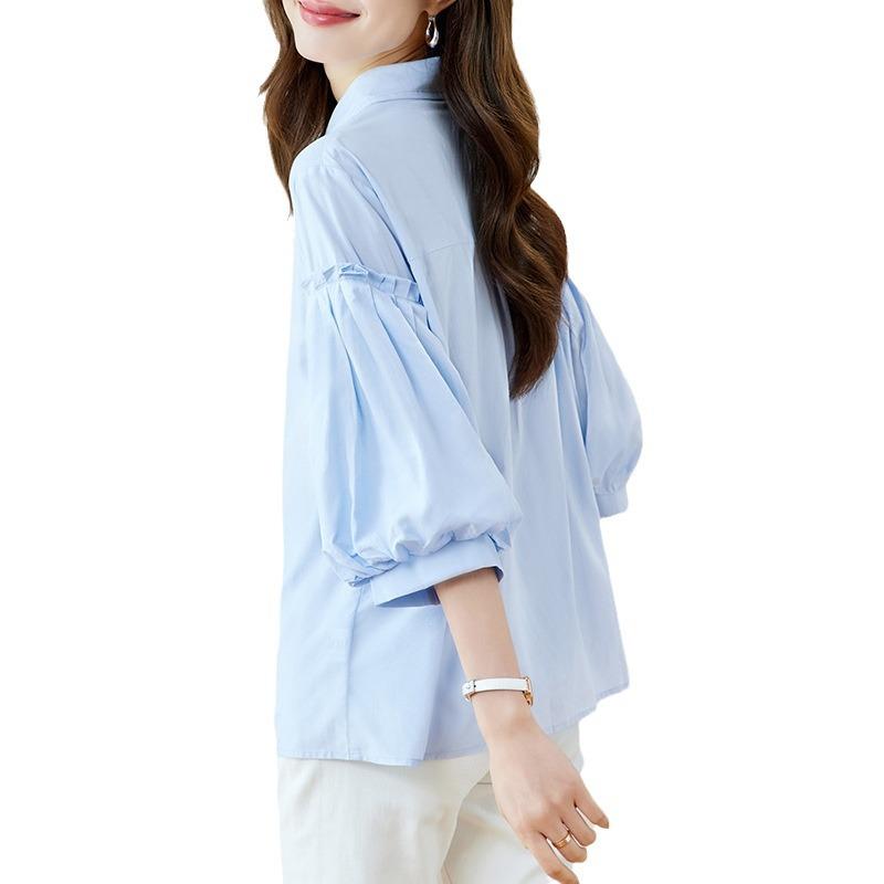 Blue Shirt Women's Seven-quarter Sleeves Spring and Summer New Lantern Sleeves Top Casual Shirt