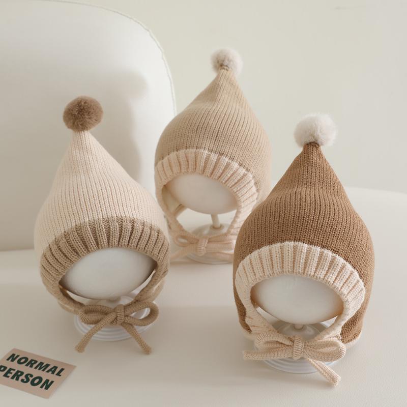 Cute Pompom Winter Thicken Warm Baby Hat Infant Toddler Cap Beanies Soft Knitted Baby Boys Girls Lacing Hat Bonnet Christmas