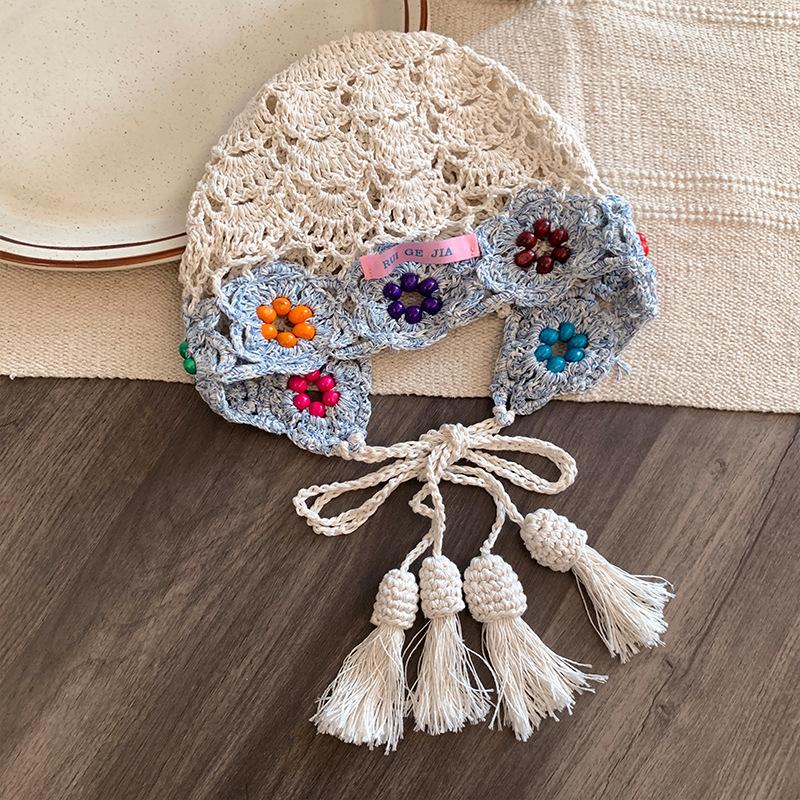 Handmade crochet flower fringe hollow hat female face small knitted bag hat