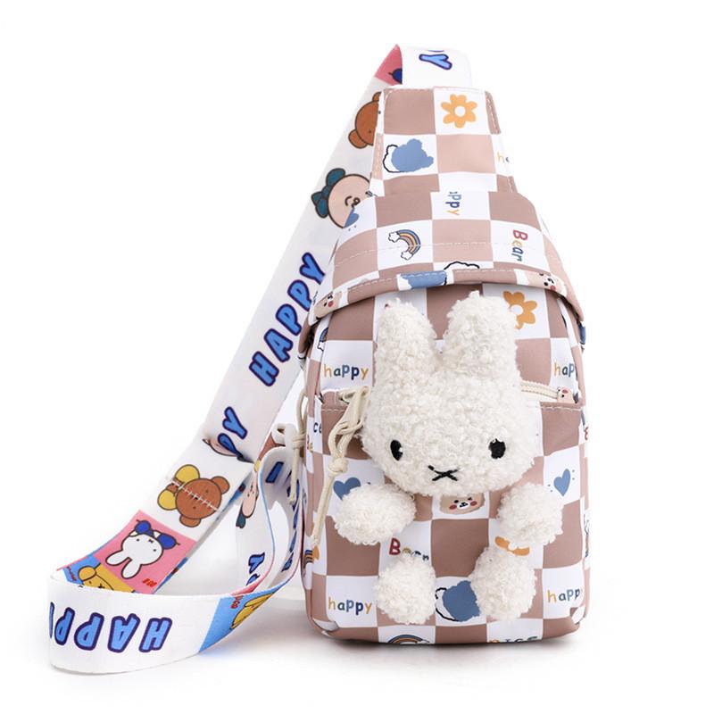 Trendy Checkerboard Nylon Children's Backpack Adorable Cartoon Doll Bag For Kids