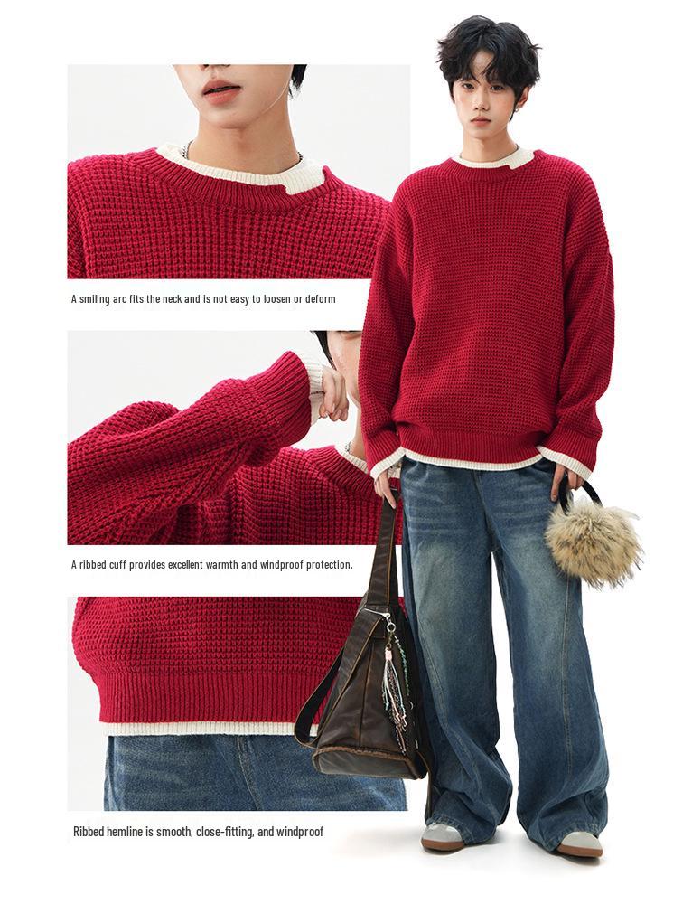 Jian Heng Red Henley Collar Men's Knit Sweater - Loose & Cozy for Autumn/Winter Christmas & New Year