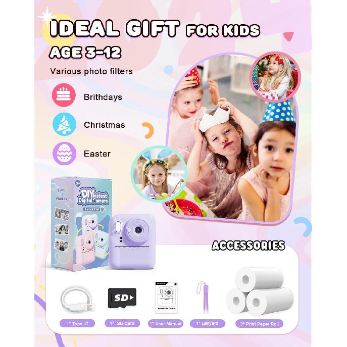 Kids Camera Instant Print, Upgrade Dual-Lens Selfie Digital Camera for Kids, Christmas Birthday Gifts Toys for Boys Girls Age 3-12, HD 1080P Kids