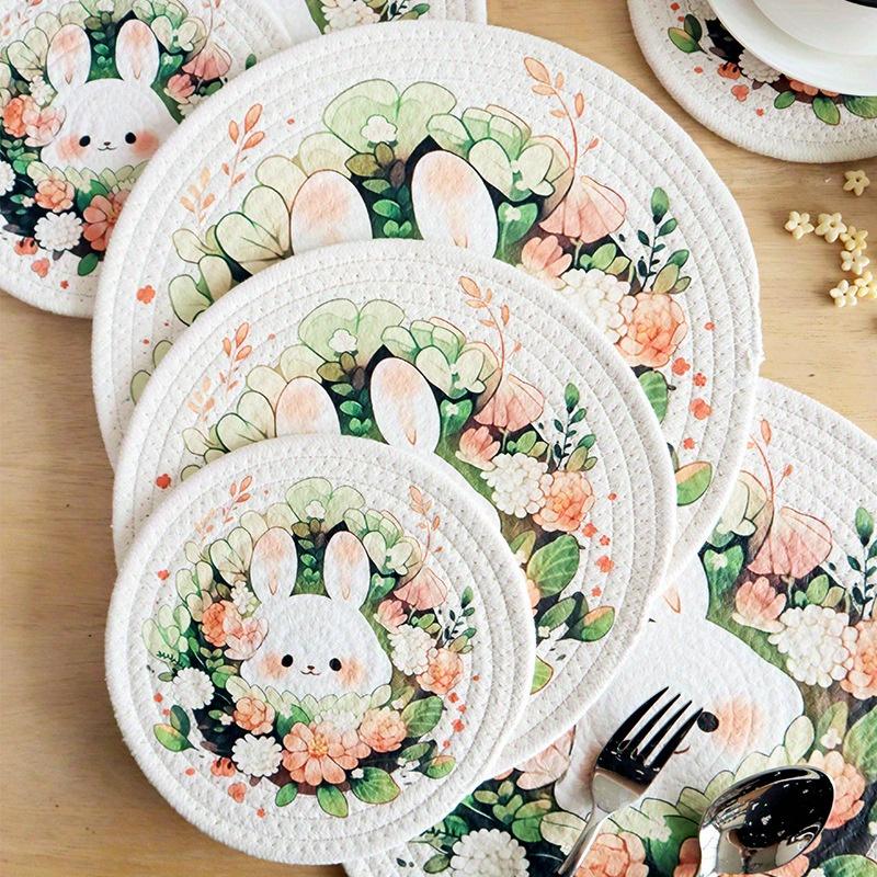 3pcs Green Rabbit Round Thermal Insulation, Kitchen Accessories,Pad Retro Home Dining Pad Thermal Insulation Pot Pad Cute Cotton Tray Pad