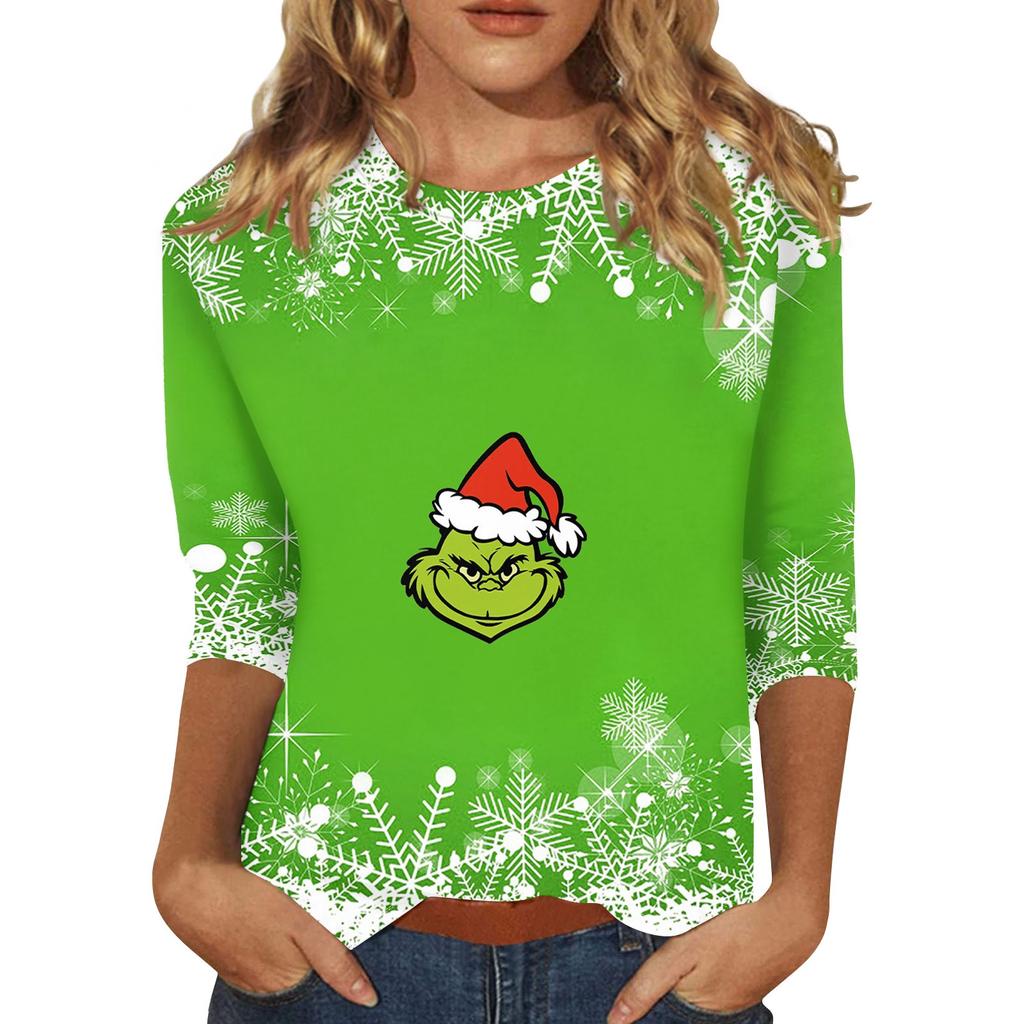 Women's Round Neck Three-Quarter Sleeve  Print Casual Top