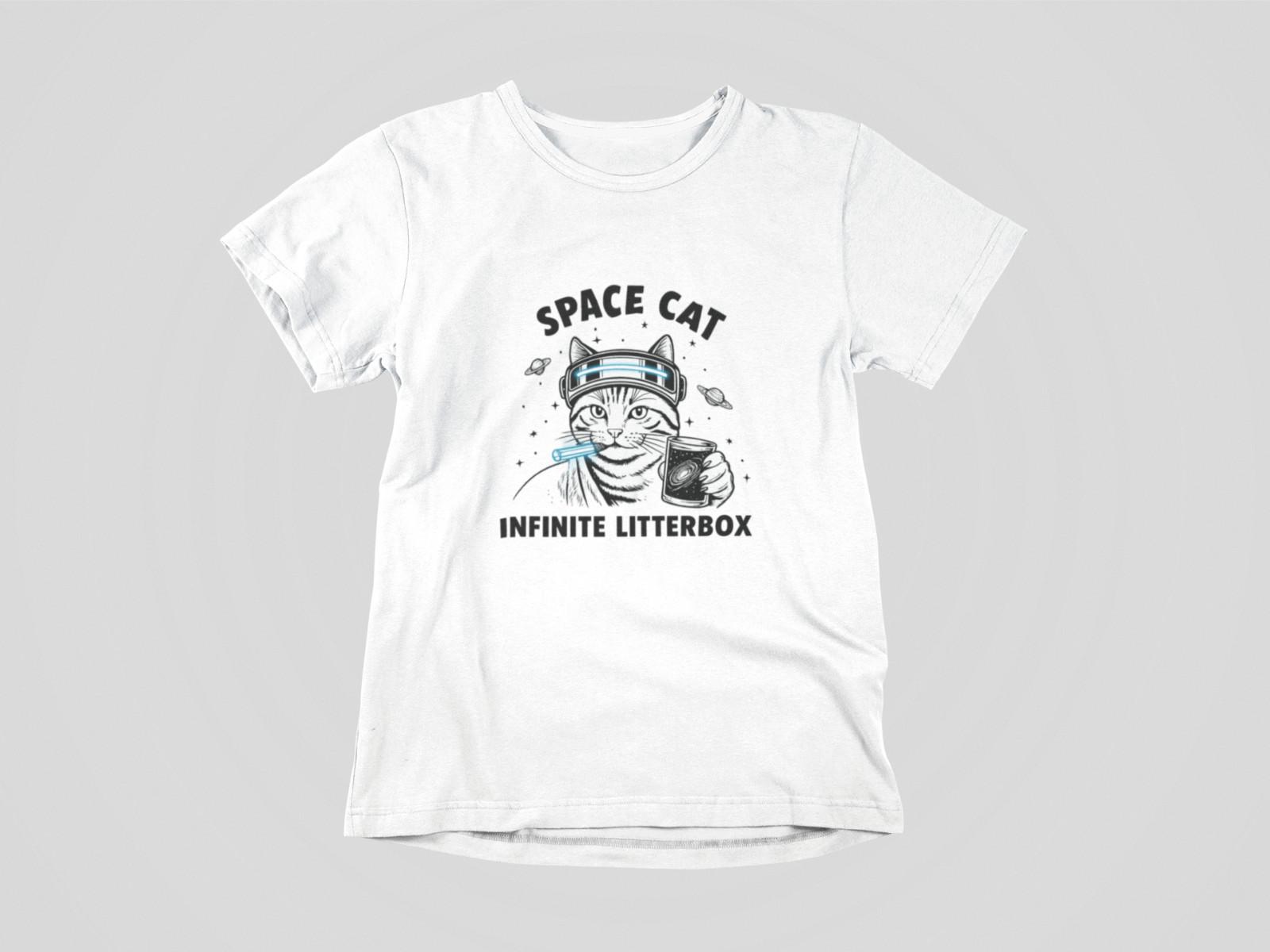 Space Cat Infinite Litterbox Shirt – Funny Cosmic Cat Tee – Sci-Fi Galaxy Design S