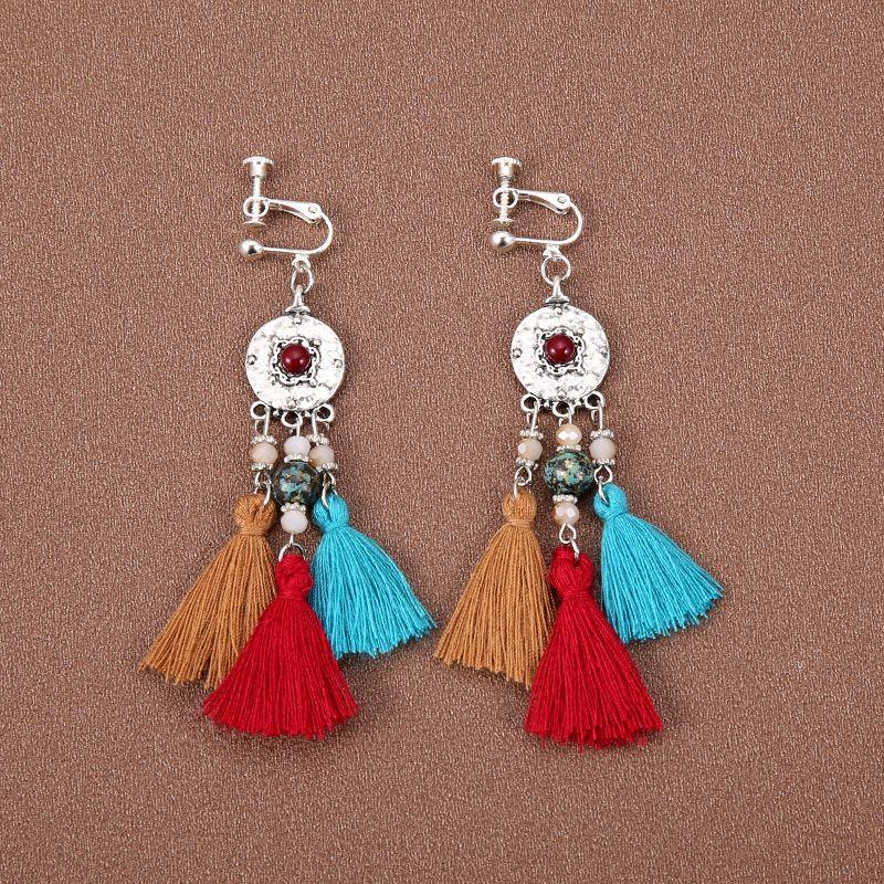 

Этнический стиль Тибетский головной убор Цепочка на лоб Серьги Кисточка Аксессуары для волос Юньнань Путешествие Носить Экзотический стиль Украшение на лоб Женские аксессуары Color tassel ear clip-no ear hole