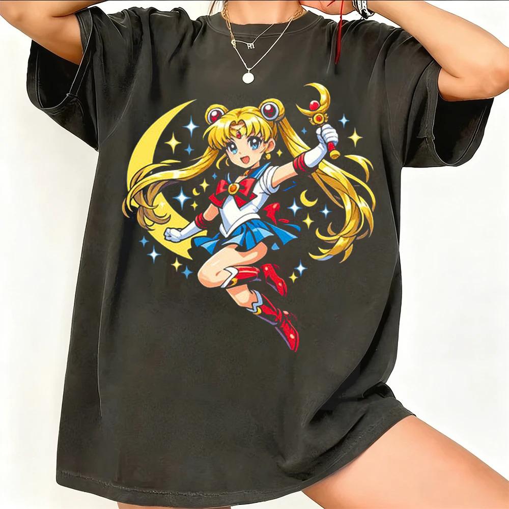 Sailor Moon Retro 90s Anime Grafické Tričko Letní Bavlněné Unisex Dámské Tričko Streetwear Ležérní Trend Krátký Rukáv Párové Hip Hop Top
