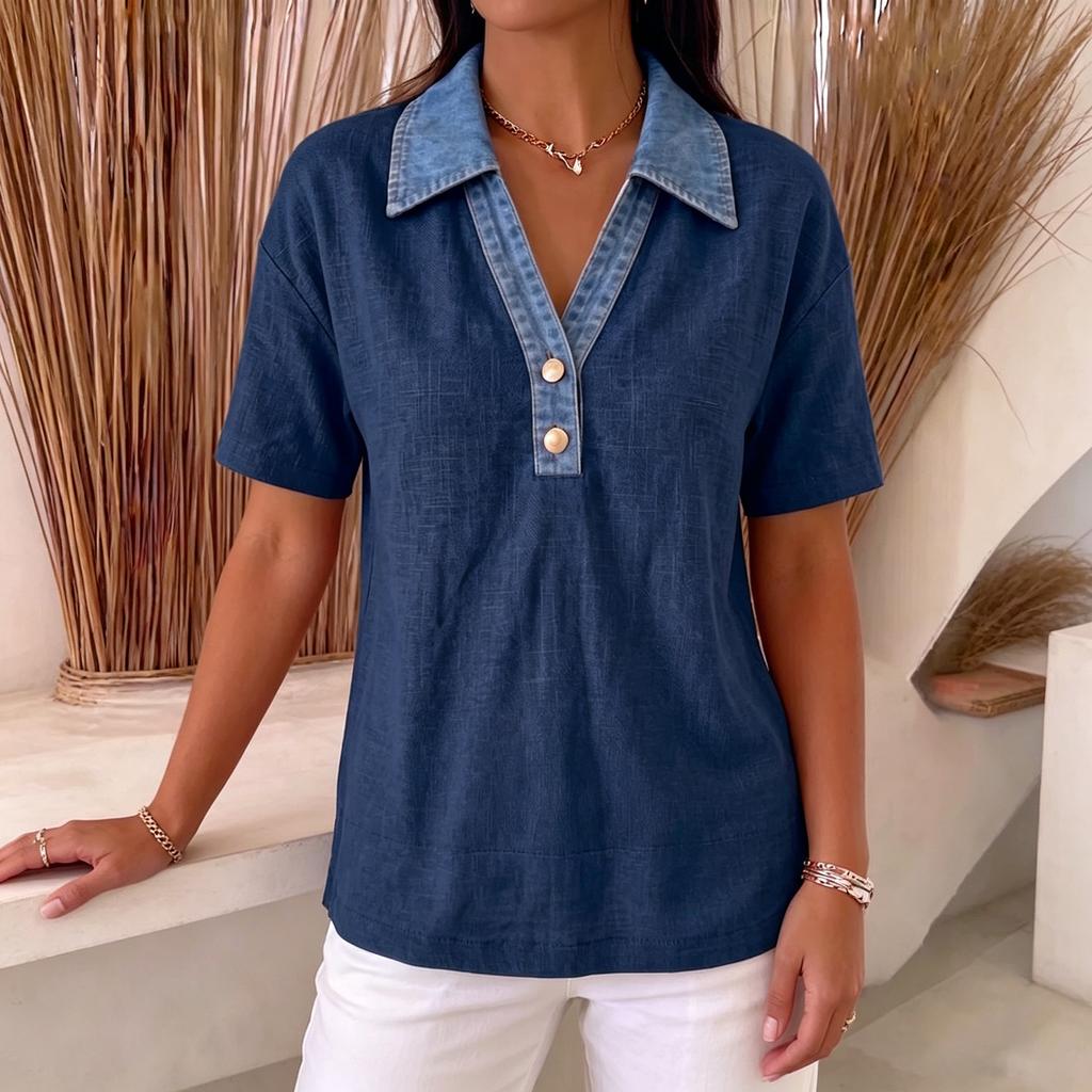 Damen Freizeit Denim Kragen Patchwork Leinen Baumwolle Hemd Top Kurzarm Knopfleiste Leicht Atmungsaktiv Sommer Bluse
