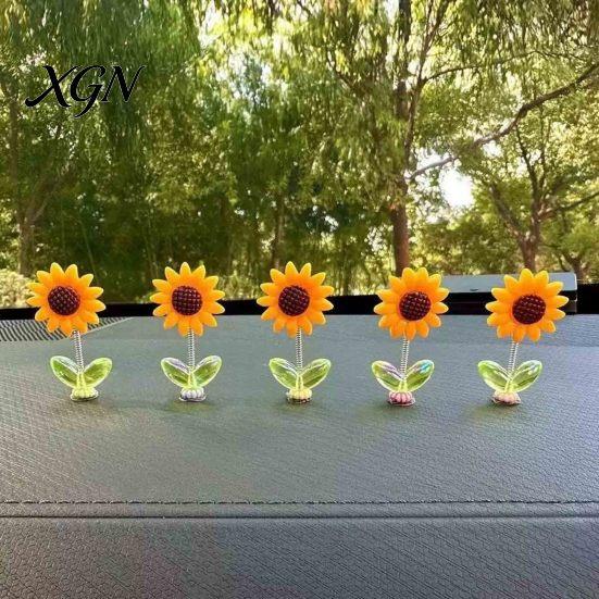 Car Interior Decor for Teen Girls Sunflower Dashboard Decor, Resin Wobble Flower Ornament with Non Cute Slip Adhesive, Shaking Rearview Mirror Office
