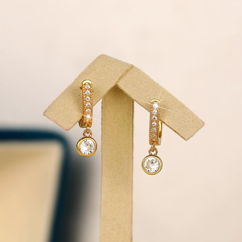 Gold Plated CZ Huggie Drop Earrings, Dainty Bezel-Set Crystal Dangle Earrings for Women