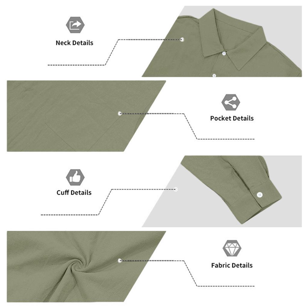 Men’s Linen Long Sleeve Shirt with Classic Turn-Down Collar and Single Chest Pocket Casual Relaxed Fit for Spring and Autumn