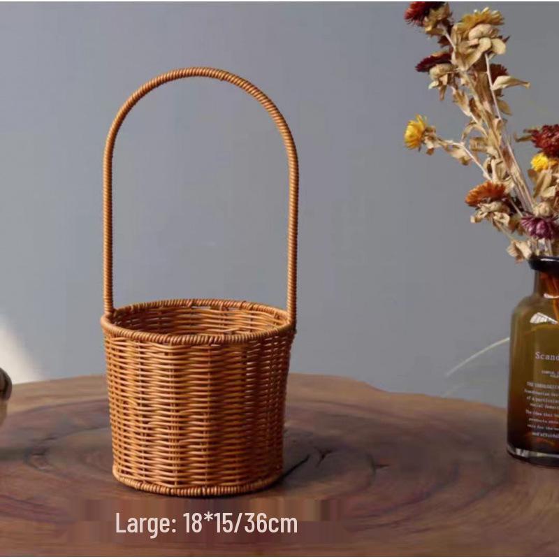 Pastoral-Style Handwoven Rattan Flower Basket - Small Decorative Green Plant Basket