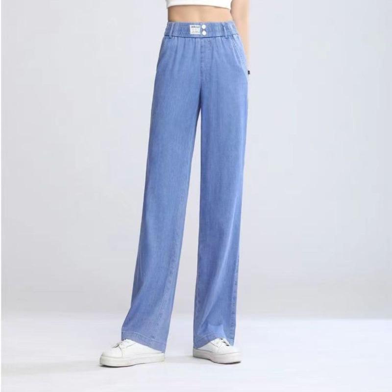 Jeans in Lino da Donna Estivi Vita Alta Casual Vestibilità Larga Gamba Larga Pantaloni Svasati