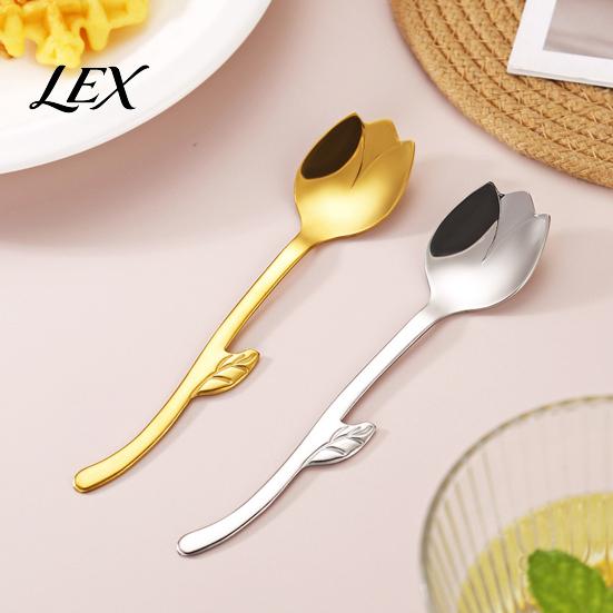 Hanging Hook Tea Spoon Tulip Shaped Stainless Steel Spoon, Long Handle Coffee Ice Cream Kitchen Dining Accessory Dessert Serving with Hook,