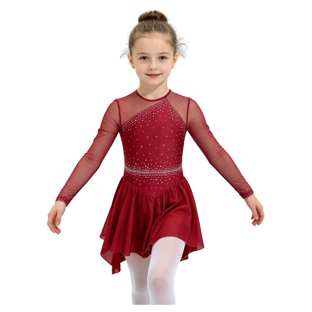 Long Sleeve Cutout Back Asymmetrical Hem Mesh Patchwork Dress with Rhinestones for Girls Figure Skating Competition Stage Show
