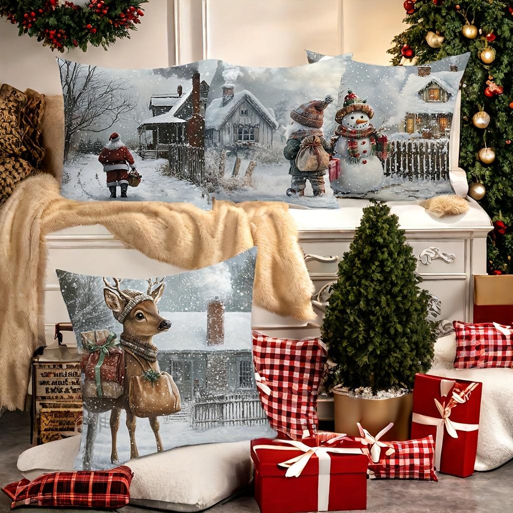 Christmas Scene Pillows Santa Snowman Deer Cottage Polyester pillowcase, sofa decorative cushion cov Headboard Pillow