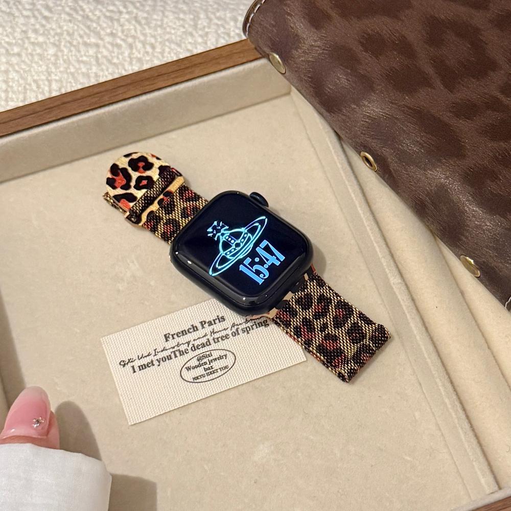 Milanese Loop strap For Apple watch band 46mm 45mm 44mm 40mm 41mm Leopard Print Magnetic bracelet for iWatch Series 11/10/9 8 7 6 SE3/Ultra 2 3 4 49mm