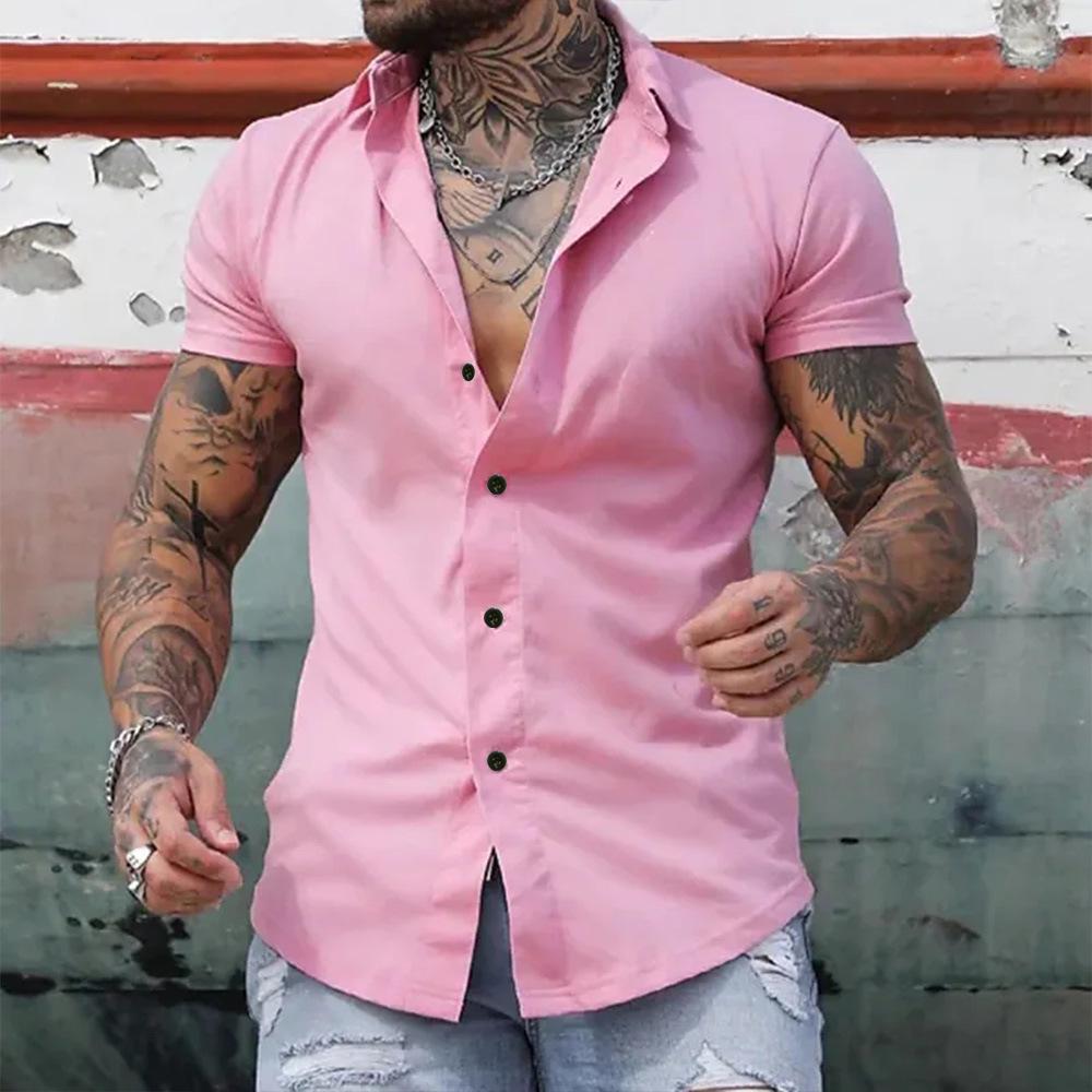 Men's Slim Fit Solid Color Short Sleeve Cardigan Shirt - Casual European and American Teen Style