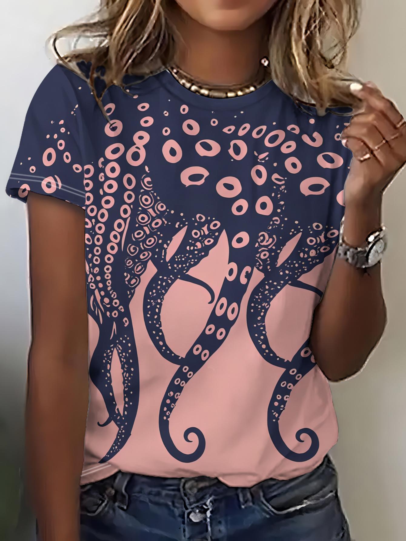 

A Short-Sleeved T-Shirt for Women Featuring a Pink And Blue Design Adorned with Octopus Tentacles. Showcasing a Distinctive Style L дубильная кора