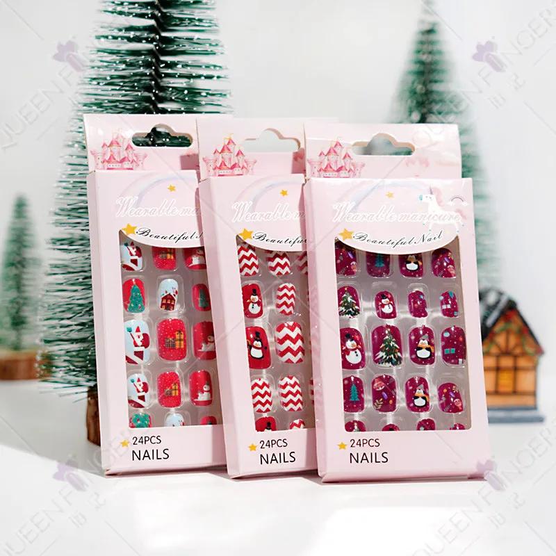 24 Pezzi Unghie Finte Serie Natale 3 Modelli Manicure Regalo per Bambino Pre-applicate Neve Finta DIY Arte Decorazione.