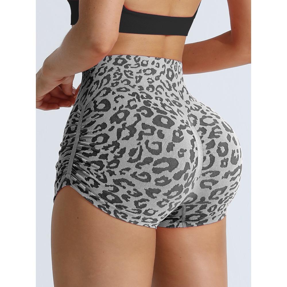 Explosive high-waisted belly-tucking leopard print yoga three-point pants women's buttocks lift tight running peach fitness shorts