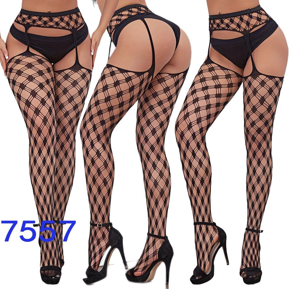 New style open crotch lace transparent suspender black silk sexy fishnet stockings non-slip one-piece suspender belt for women