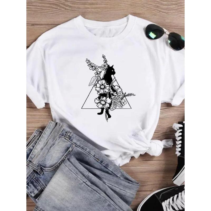 Short Sleeve T Top T-shirts Women Tee Print Summer Cartoon Cat Love Valentine Shirt Female Graphic Fashion Clothing Shirt