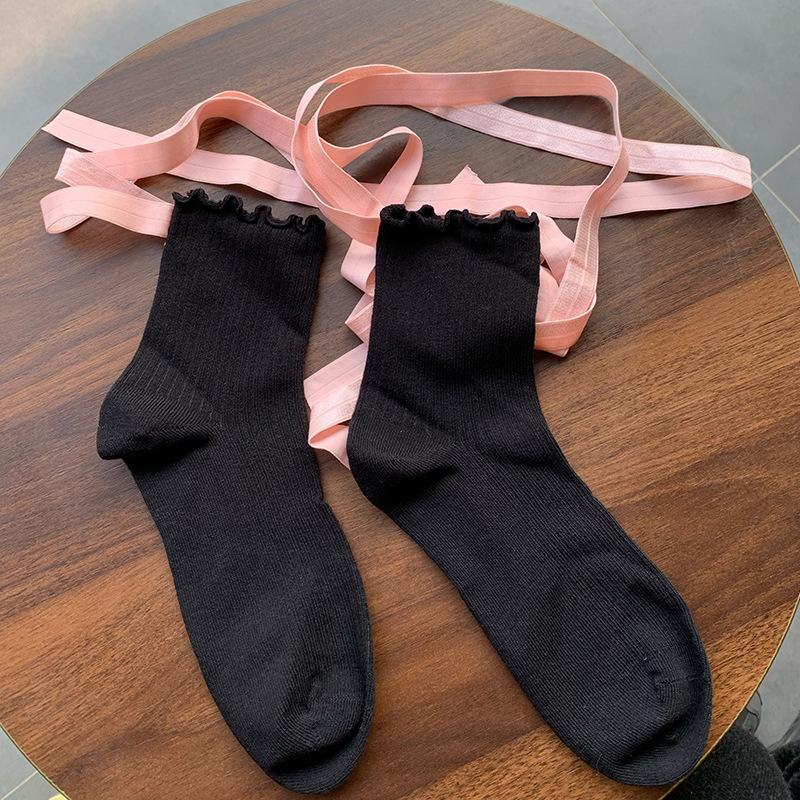 Balletcore Lace-Up Socks with Ruffled Cuff, Sweet Lolita Ribbed Crew Socks for Women, Y2K Aesthetic Leg Warmers Accessories