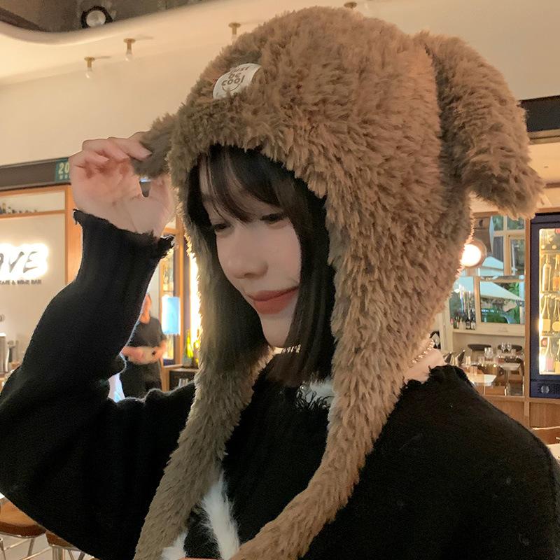 Rabbit Ears Knitted Plush Hat Women's Autumn and Winter Warm and Cold-proof Baotou Hat Versatile Ear Protector Lei Feng Hat Wool Hat