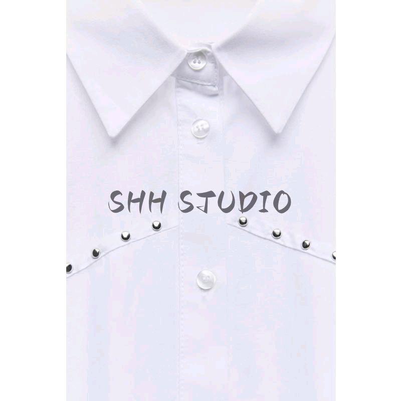 Spring New Women Clothes French Style Rivet Decoration Punk Loose Poplin Long Sleeve Lapel Shirts 3564172