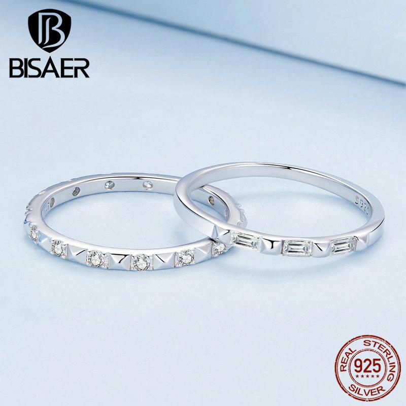 Bisaer 925 Sterling Silver čtvercový zirkonový nýtový pásek Minimalistický věčný prsten pro ženy Dárek jemné šperky