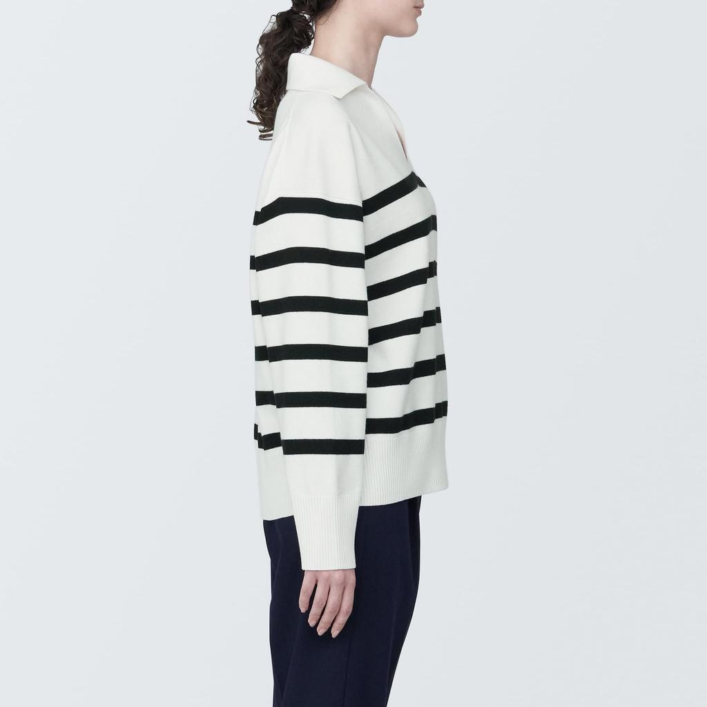 MUJI Washable Milan Rib Knit Skipper Polo White Size BA1OOA4S Women's Sweater, Striped, XS,