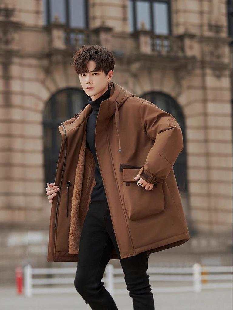 Men's Trendy Mid-Length Down Jacket with Thick Rabbit Fur Lining