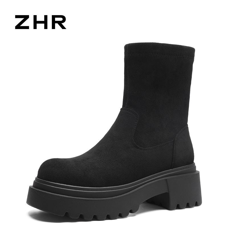 ZHR 2024 New Winter Stretch Boots: Short, Thick-Soled, Velvet-Lined, Trendy, Tall & Slimming Design.