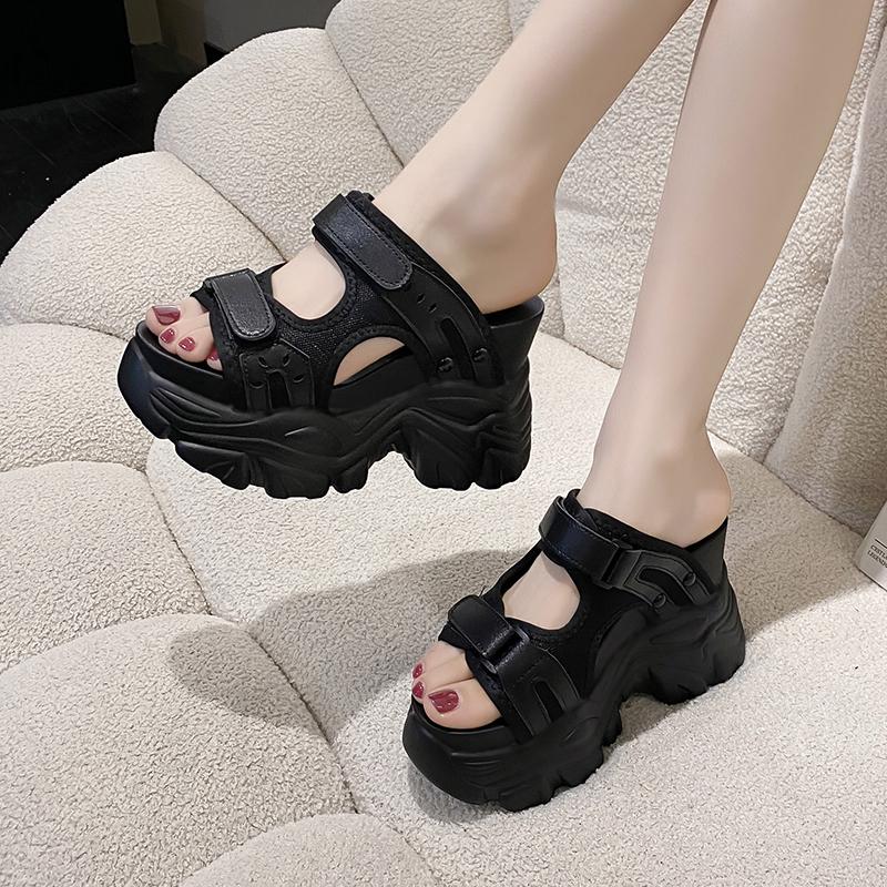 Fashion Elegant High Heel Slippers Lightweight Outdoor Soft Bottom Slope Heel Women Summer 10cm Heightening Sandals Simple Pure Color