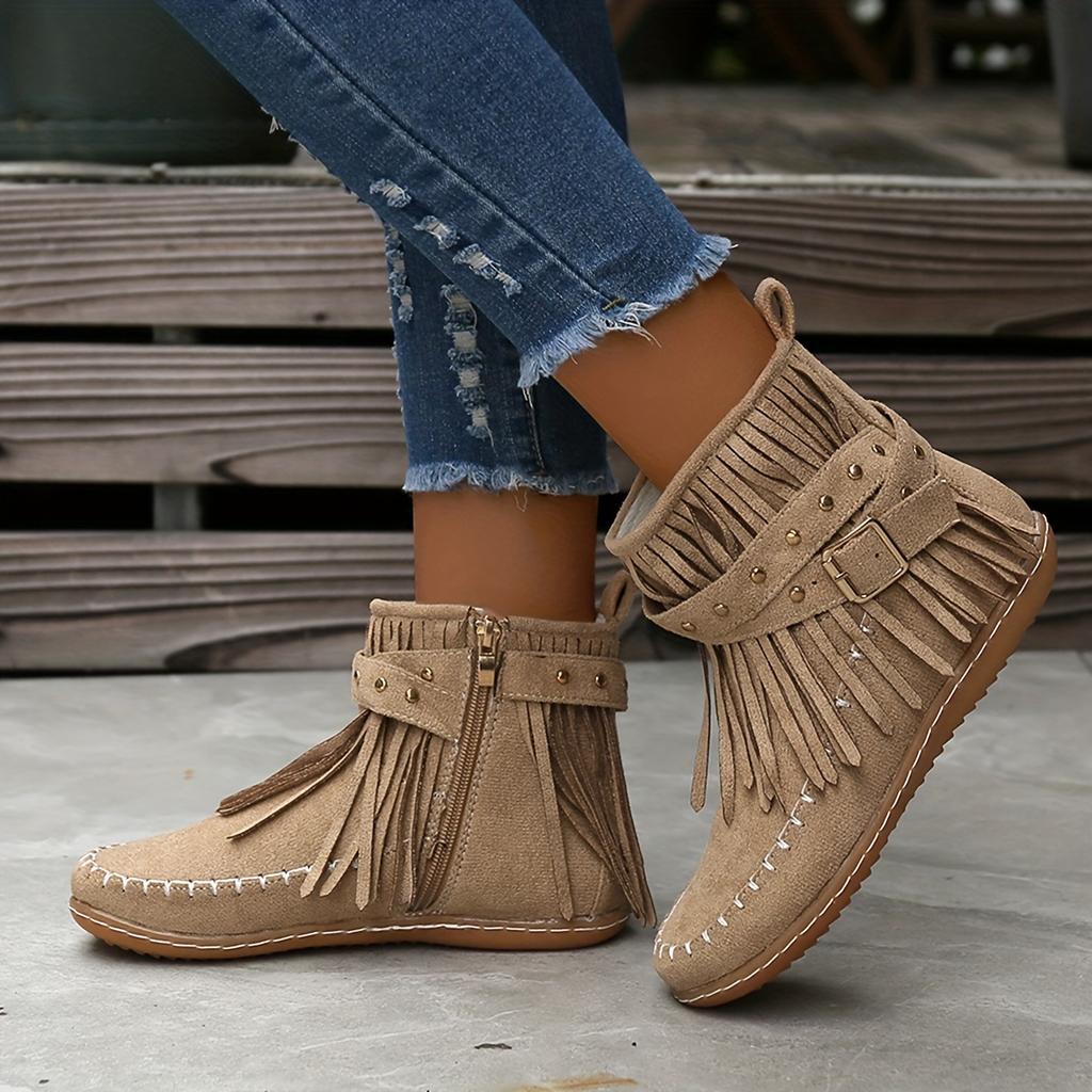 Women's Solid Color Stylish Boots, Side Zipper Buckle Straps & Tassel Decor Boots, Winter Plush Round Toe Ankle Shoes