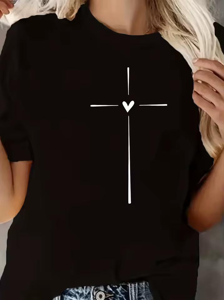 Heart & Cross Print Women's T-Shirt Casual Crew Neck Short Sleeves Sports Tee Comfy Tops Streetwear Female Tees Women's Clothing