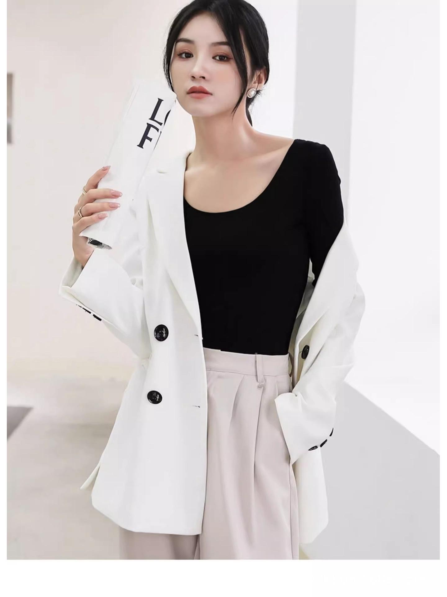 Women s Autumn Slimming Long Sleeve U-Neck Top Large белый