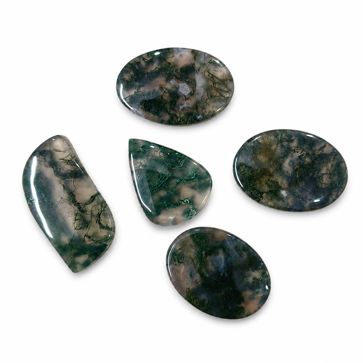 Natural Moss Agate Cabochon Set, Moss Agate Loose Gemstones, Green Dendritic Agate Cabochons for Jewelry Making, 5 Piece Matching Set зелёный
