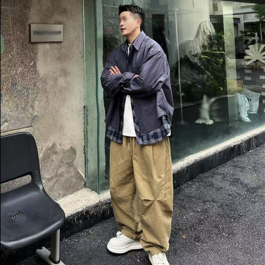 Navy Oversized Faux Shirt Jacket with Plaid Casual Street Loose for Everyday and Winter [cnstone] Men's Two-Piece Lining, Style, Fit, Wear, Spring,