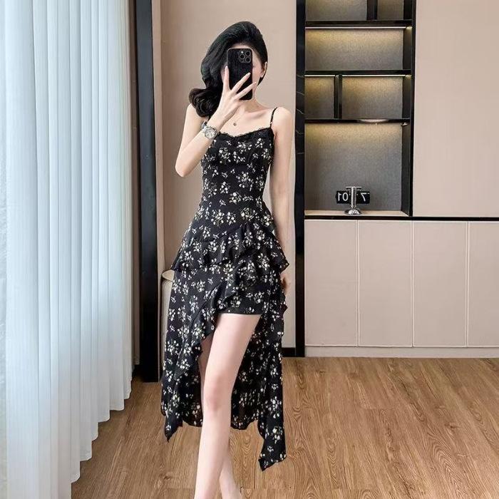 

New Chinese temperament looks thin, new lotus leaf irregular skirt floral dress front short rear long dress S чёрный