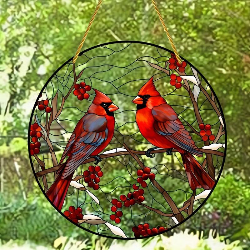 2D Flat Charming Style Round Acrylic Cardinal Bird Decoration Sign, Home Decor Plaque Hanging Wall Art Decorative Garden Decoration for Room Door Sign