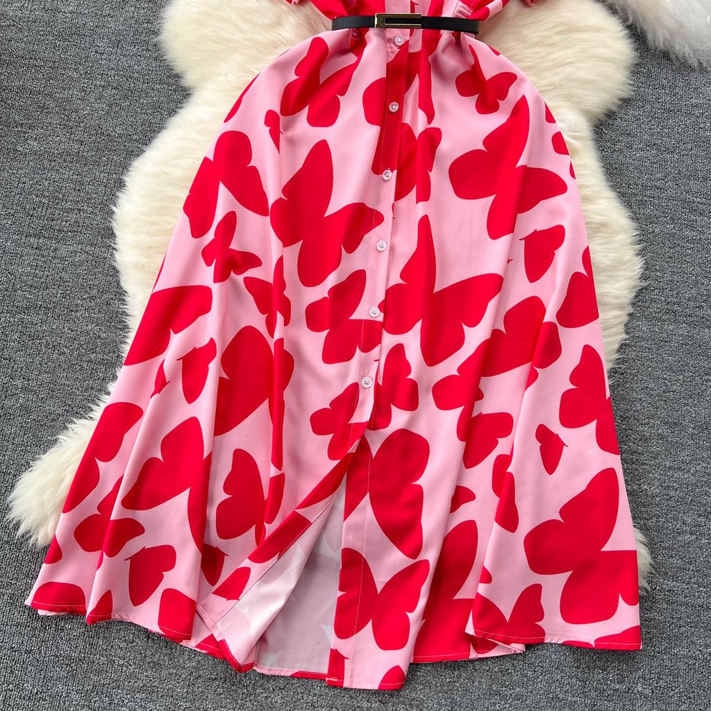 Šik Elegantní Potisk Jedlá Stromová Houba Krátký Rukáv Elegantní Zavinovací Límec Bodycon Šaty Módní Štíhlé Letní Šaty