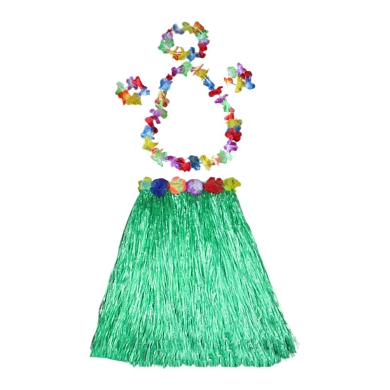 Hawaiian Hulas Grass Skirt with Flower Costume Outfits Set Necklace Headband Bracelet for Luaus Tropical Beach Party Decor