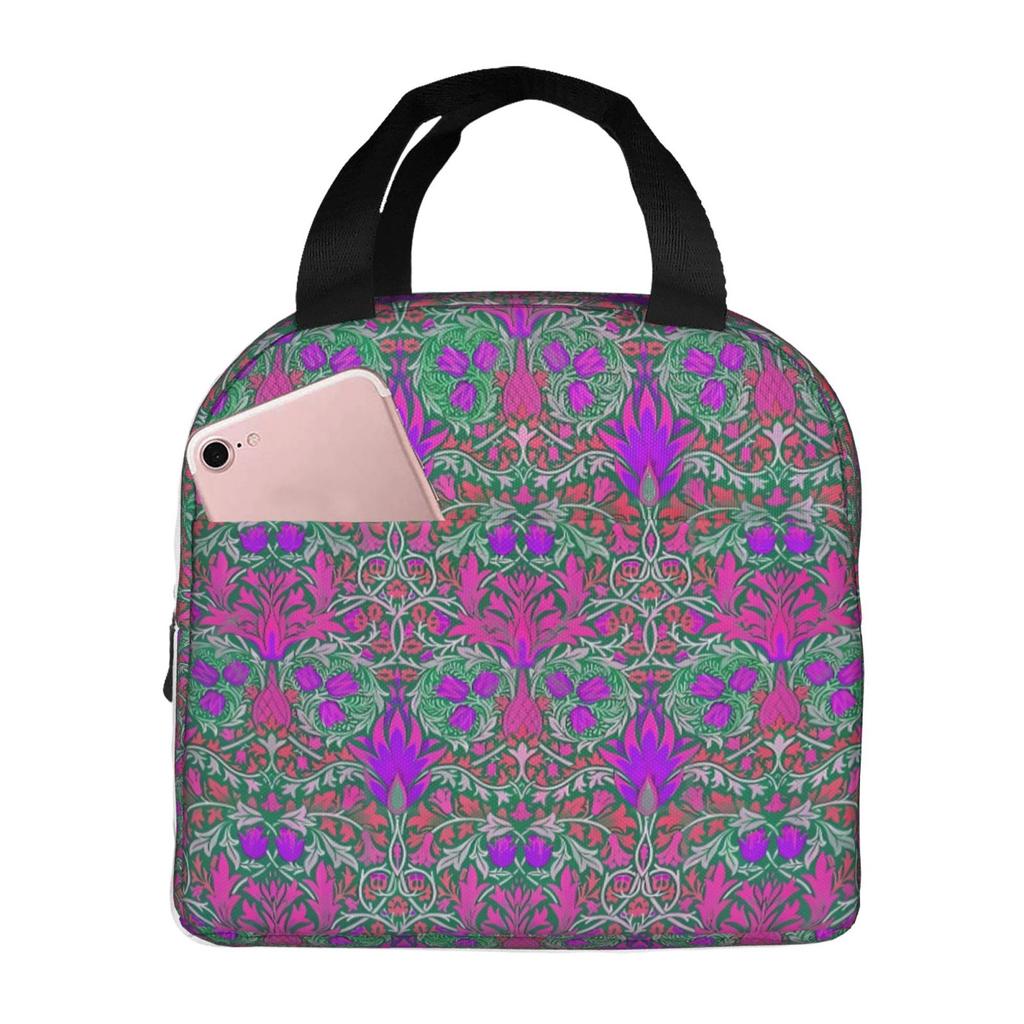 African Ethnic Purple Floral Pattern Lunch Tote Bag Insulated Leakproof Lunch Box Container with Front Pocket for Girls Boys