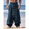 Spring Summer Men's Ethnic Style Casual Cotton Linen Wide Leg Pants Solid Color Lace-up Baggy Pants Vintage Streetwear Male