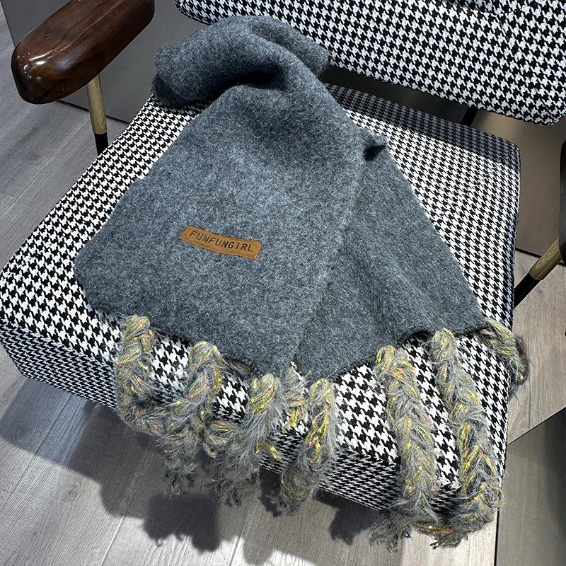 Handmade long tassel retro winter thickened solid color warm scarf women's thick wool scarf