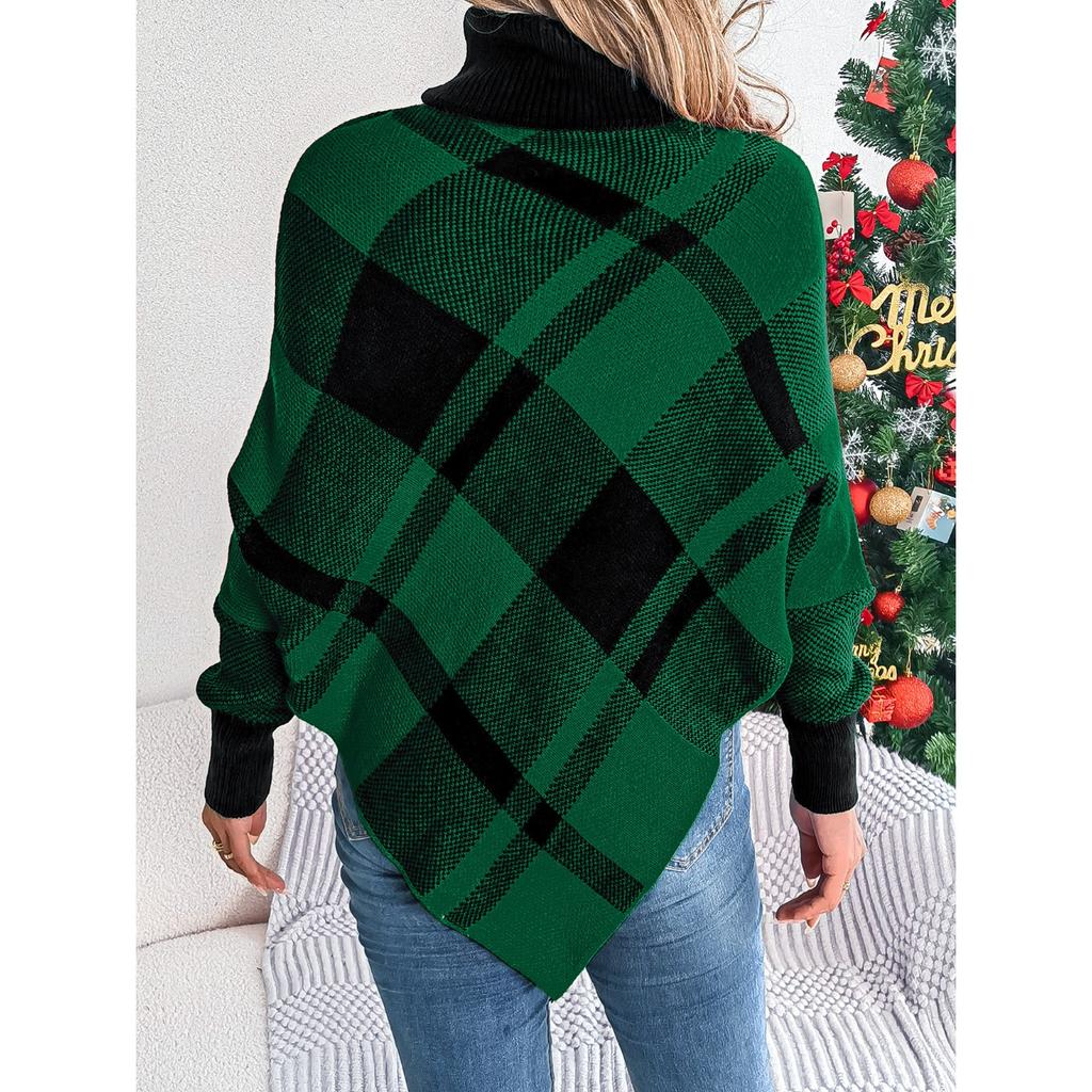 GMXIA Autumn and Winter Casual Checkered High-neck Long-sleeved Puffed Sweater for Christmas Women's Wear